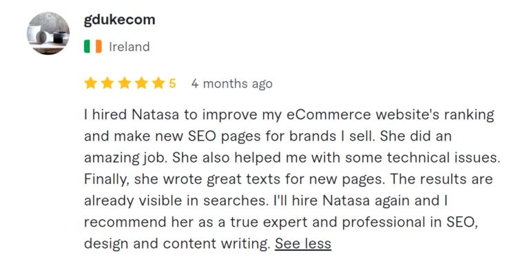 Natasa M - SEO content writer and strategy consultant Fiverr review 4